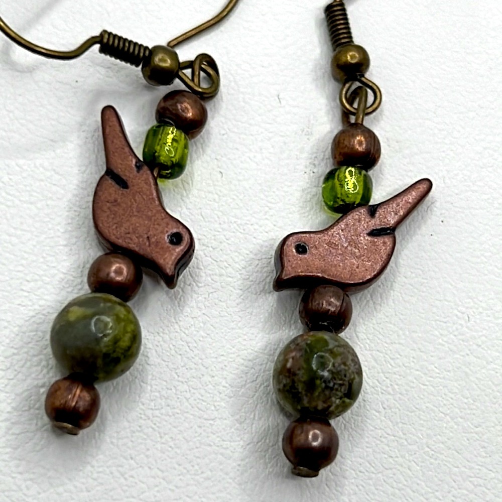 Unakite & Brass Bird Earrings.